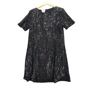 Stenay Plus Sequin Dress Women 16 Black Silk Short Sleeve Shift Rear Zipper